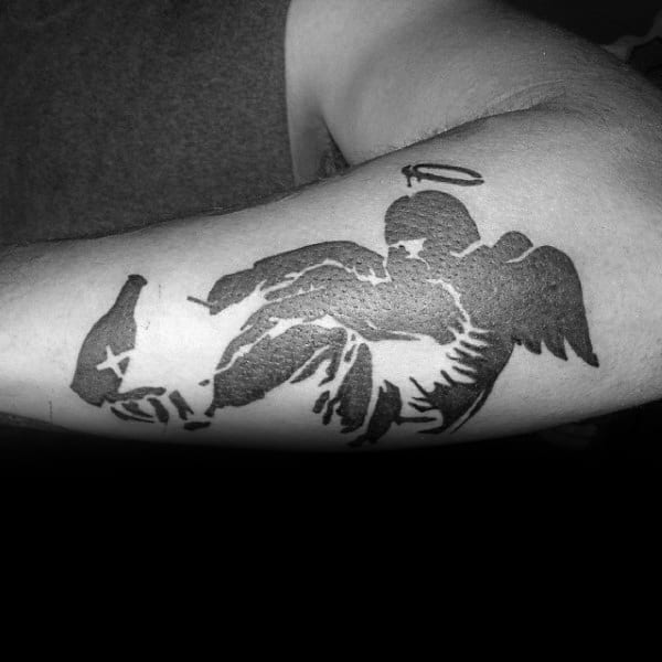 Angel With Booze Guys Banksy Outer Forearm Tattoo