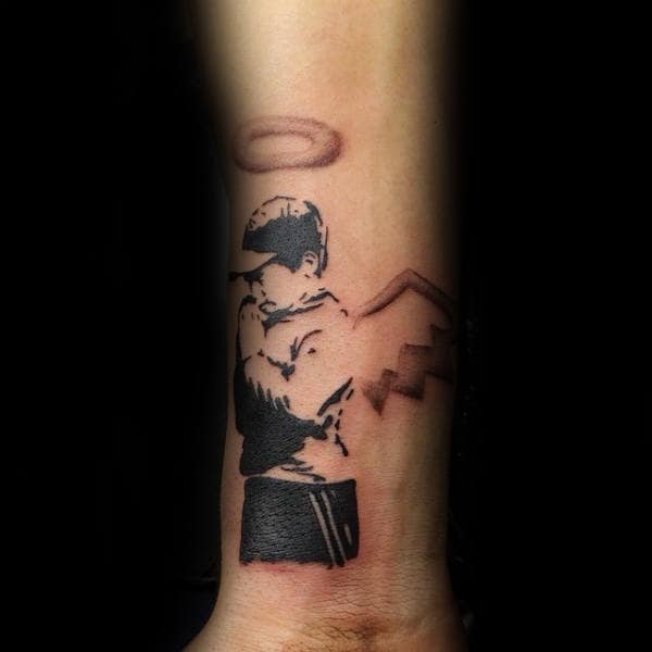 Angel With Halo Mens Banksy Wrist Tattoos
