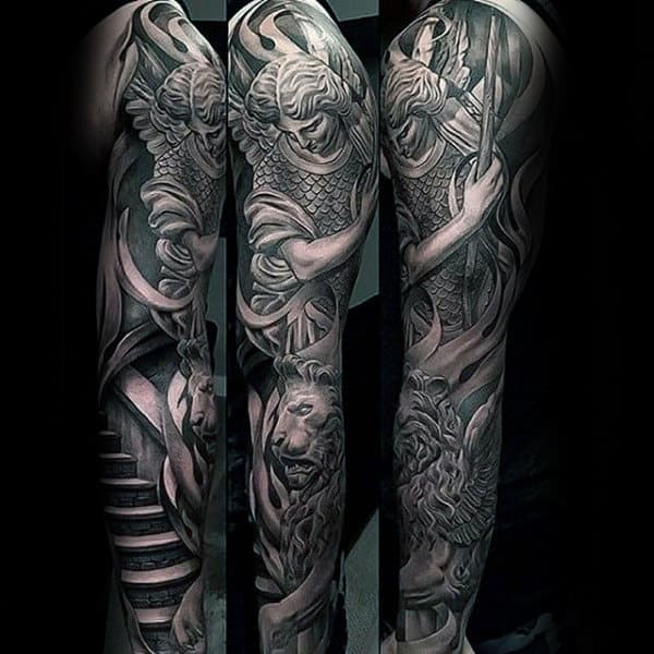 angel-with-lion-mens-3d-realistic-sleeve-tattoo