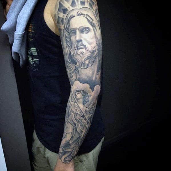 Angel With Sun Rays And Jesus Guys Sleeve Tattoo