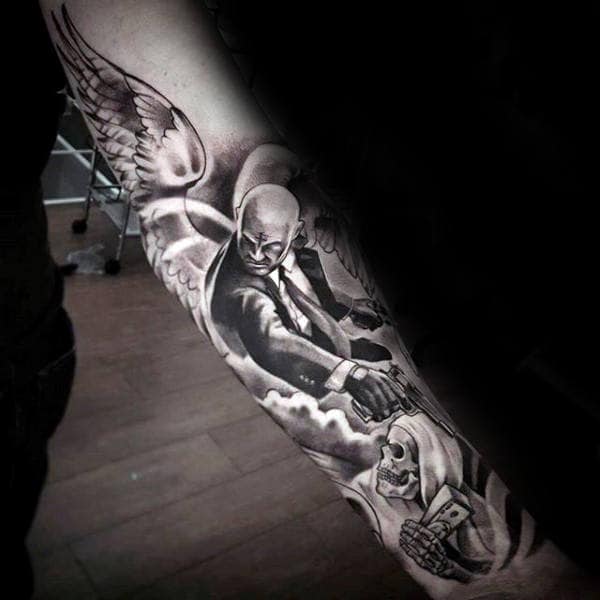 Angel With Wings And Grim Reaper Male Chicano Forearm Sleeve Tattoo
