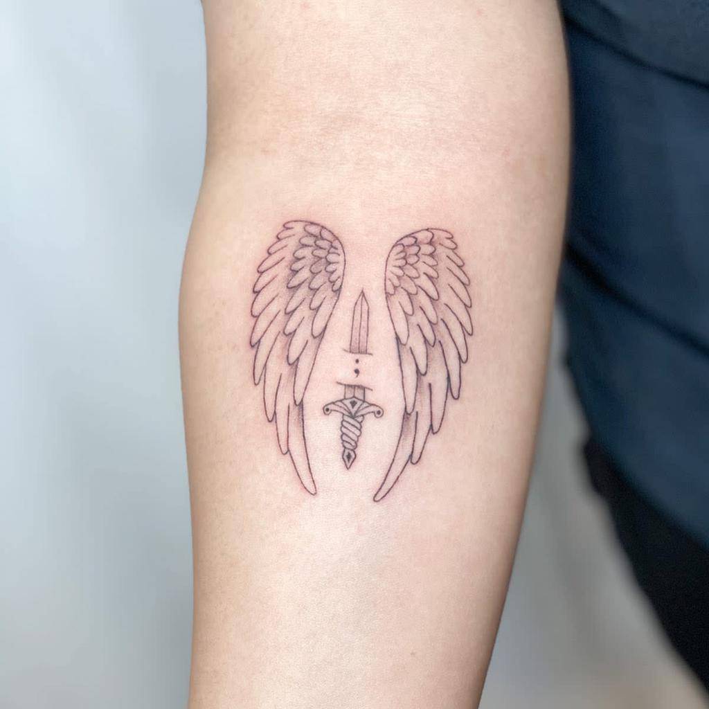 Angelwings Dagger Linework Delicate Semicolon Tattoo
