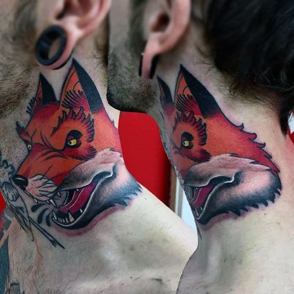 Angry Brown Fox Head Tattoo Male Neck