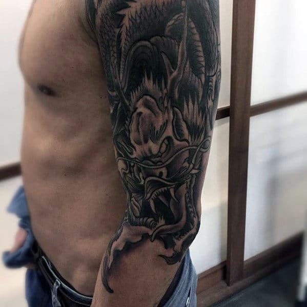Angry Dragon Guys Black And Grey Ink Arm Tattoo Ideas