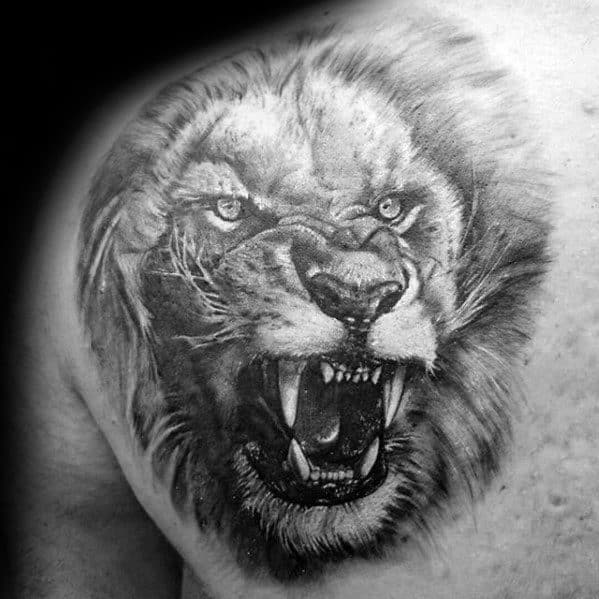 Angry Lion Roaring Shoulder Tattoos For Males