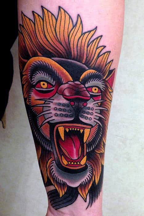 Angry Lion Traditional Forearm Tattoo Ideas For Men