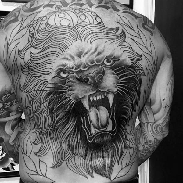 Angry Lion With Crown Growling Mens Full Back Tattoo