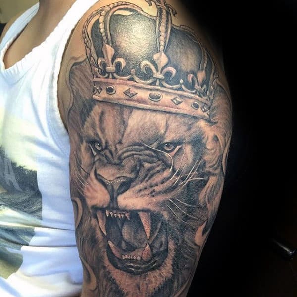 Angry Lion With Crown Guys Sleeve Tattoo Ideas