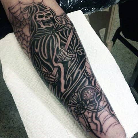 Angry Skeleton Spider Tattoos On Forearms For Men