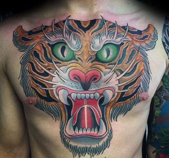 Angry Tiger Mens Traditional Chest Tattoos