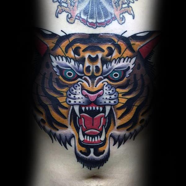 Angry Tiger Stomach Male Traditional Tattoos