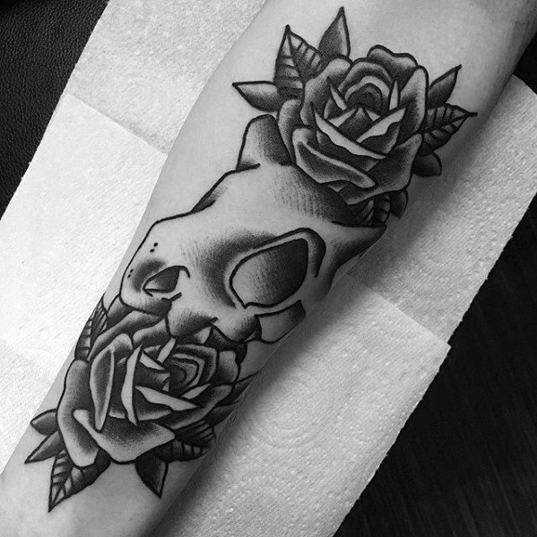 Animal Skull With Rose Flowers Mens Traditional Forearm Tattoos