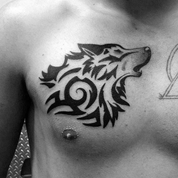 Animal Wolf Tribal Tattoos On Upper Chest For Gentlemen