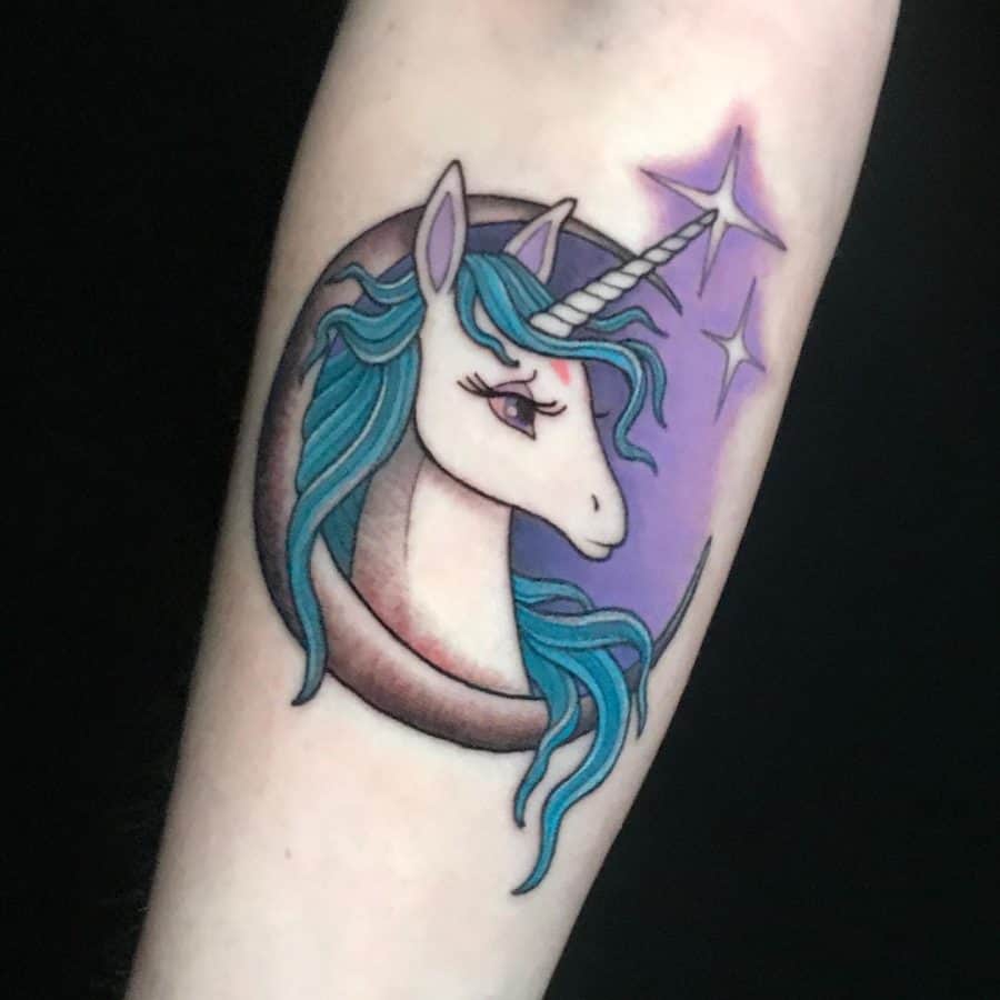 Anime Style Portait Blue Hair Purple Background Brown Frame Cartoon Unicorn Tattoo