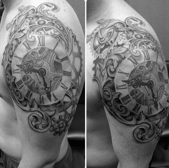 Antique Clock Steampunk Tattoo Males Shoulders