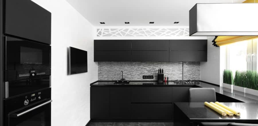 simple modern black and white apartment kitchen 