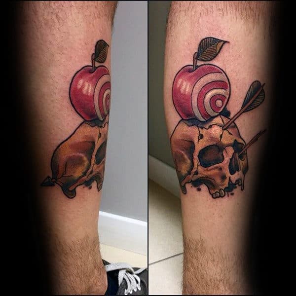 Apple With Target Arrows Mens Leg Tattoos