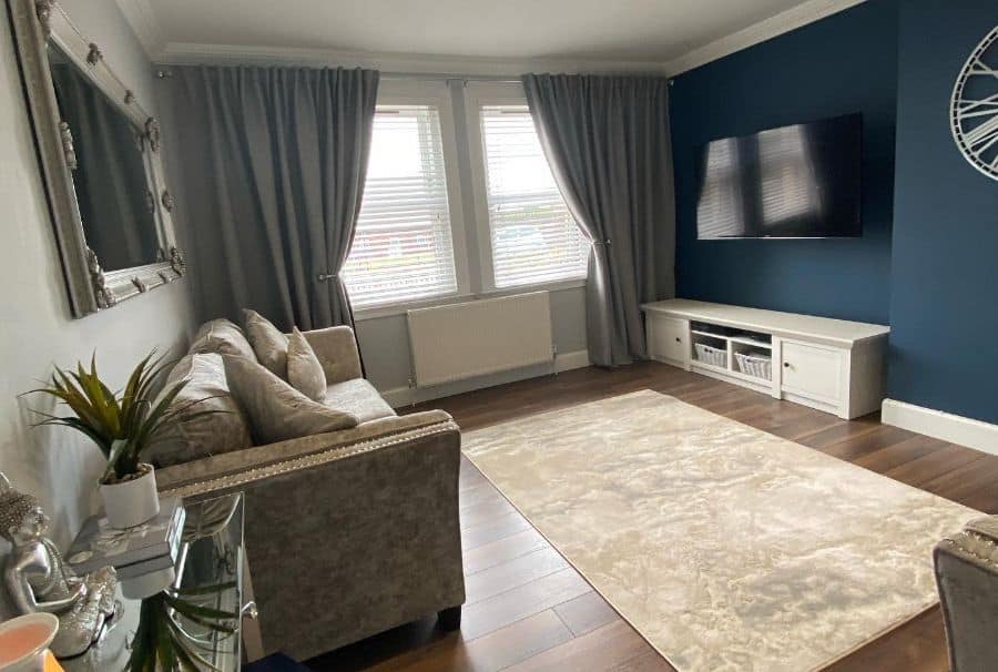 aqua blue living room wall mounted tv floor rug