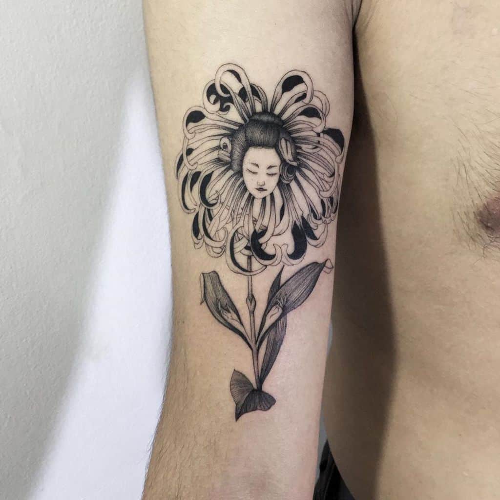 Argentina Free Hand Flower Black Geisha Tattoo