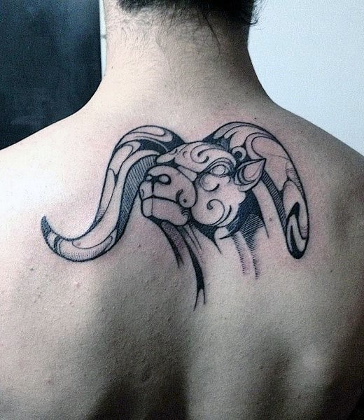 Aristic Ram Male Upper Back Tattoo Ideas