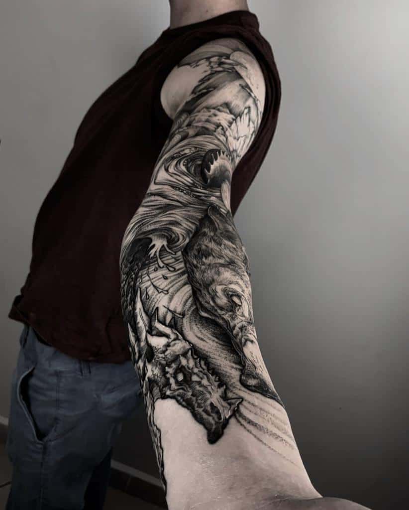 Black and Grey Wolf Sleeve Temporary Tattoo Body Art Transfer No. 65