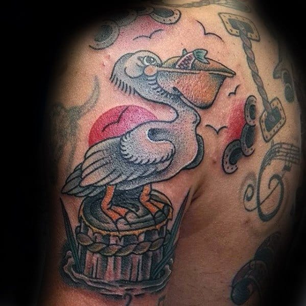 Arm And Shoulder Pelican Tattoo Ideas For Males