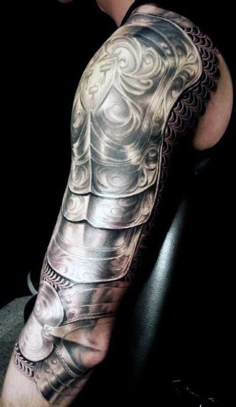 Black and grey realism knights armor tattoo by tattoosbylewis  Tatuagem  braço Tatuagem de armadura no ombro Tatuagem