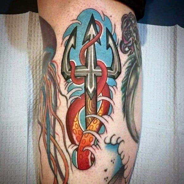 Arm Awesome Octopus Tentacle Wrapped Around Trident Tattoos For Men