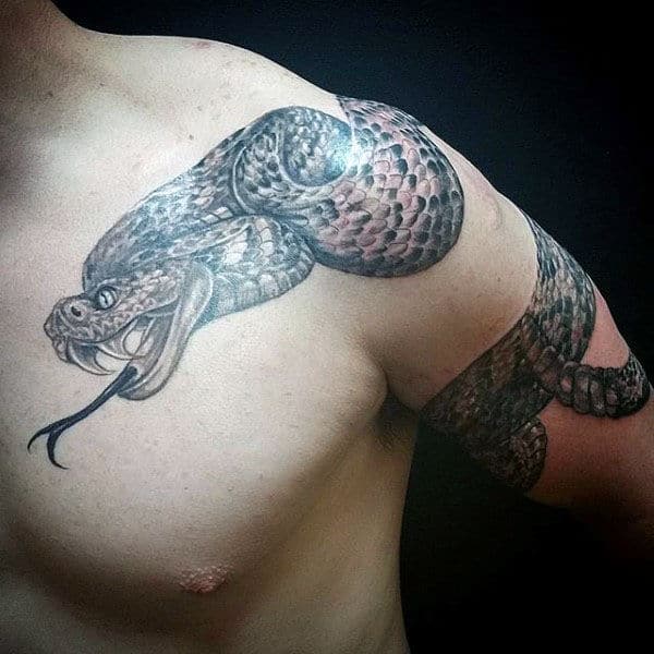 Arm Band And Upper Chest Male Rattlesnake Tattoos