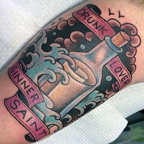 Arm Banner With Message In A Bottle Tattoos For Gentlemen