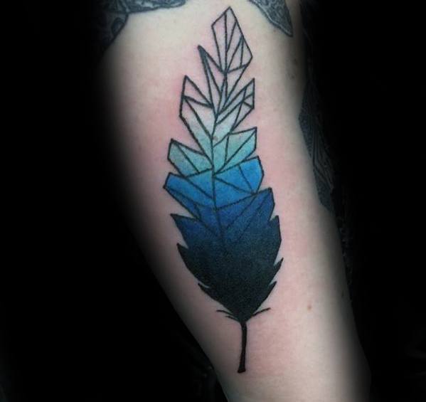 Arm Blue Geometric Feather Tattoo Designs For Guys