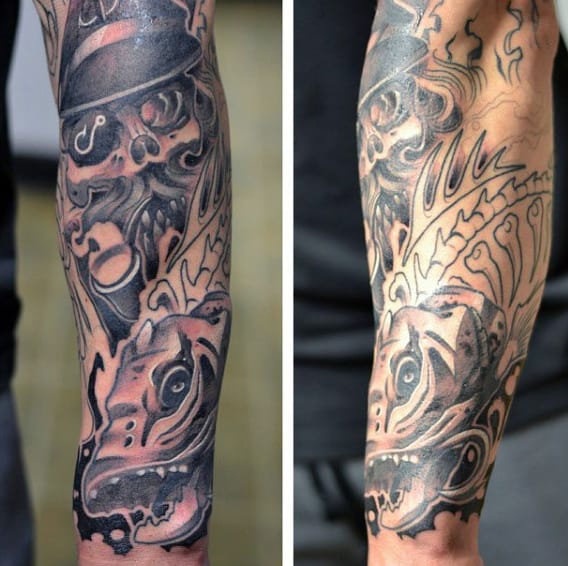 Arm Burly Fish Tattoo On Man
