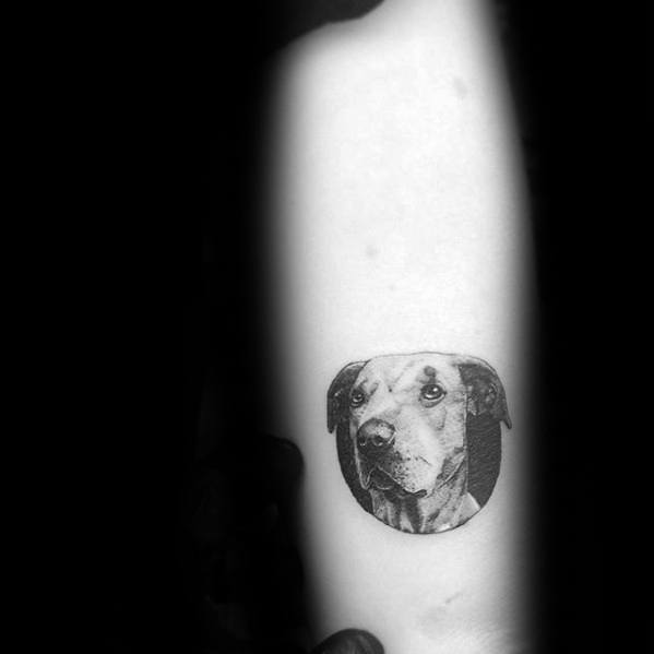 Arm Dog Portrait Quarter Sized Tattoo Design On Man