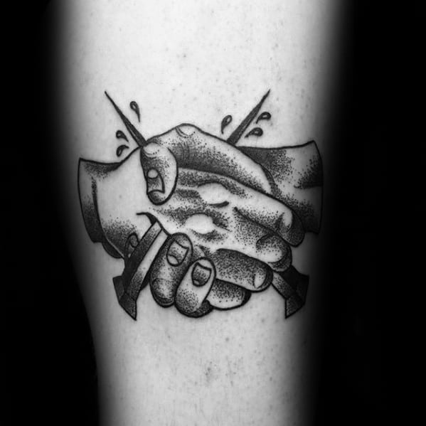 Arm Dotwork Railroad Spikes Handshake Tattoo Designs For Guys