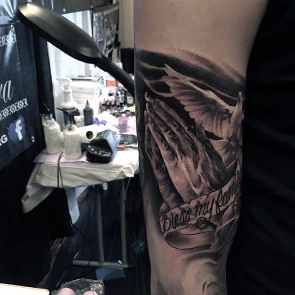 Arm Guys Praying Hands With Wings Tattoo