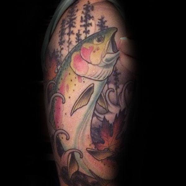 Arm Male Trout Fish Forest Guys Tattoo Ideas