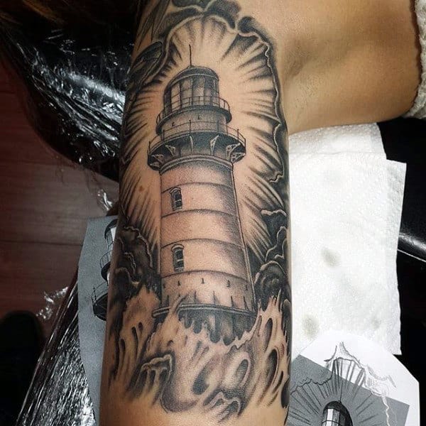 Arm Mens Lighthouse Waves Tattoo Black Ink