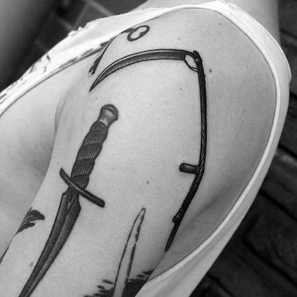Arm Mens Scythe Tattoo Design Inspiration