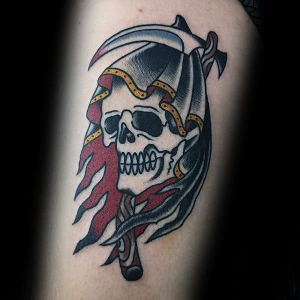 Arm Mens Traditional Reaper Tattoo Design Inspiration