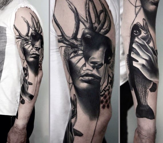 Arm Portrait Surrealism Tattoo Ideas On Guys