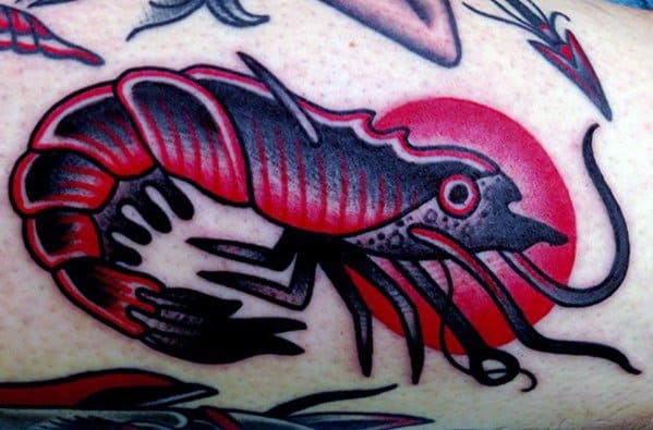 Arm Red And Black Ink Shrimp Tattoos For Males