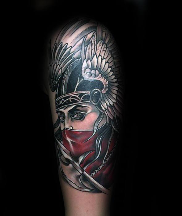 Arm Red And Black Ink Valkyrie Tattoo Ideas On Guys