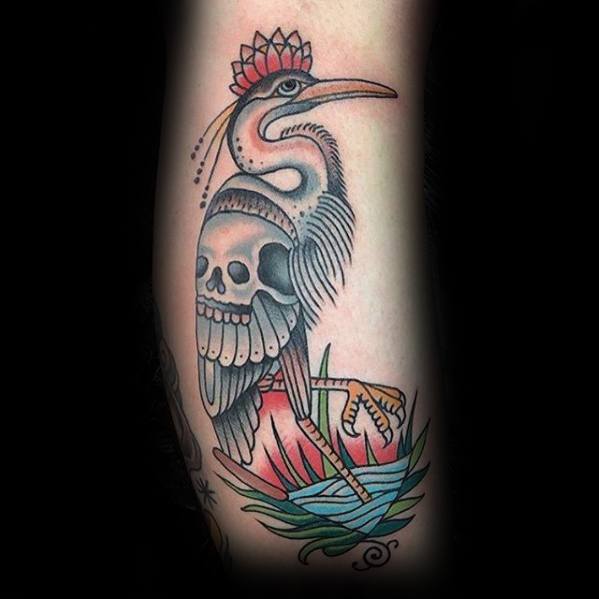 Arm Skull Heron Mens Tattoo Designs