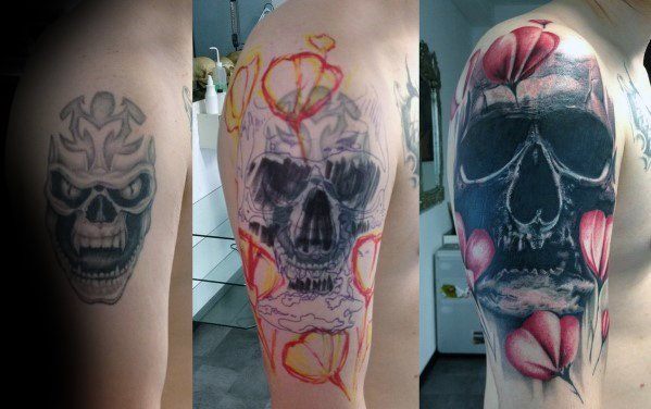 Arm Skull With Flower Petals Cover Up Tattoos For Men
