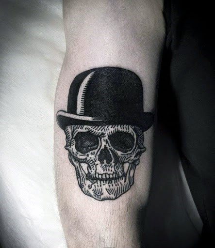 Arm Skull With Top Hat Tattoo Designs For Guys