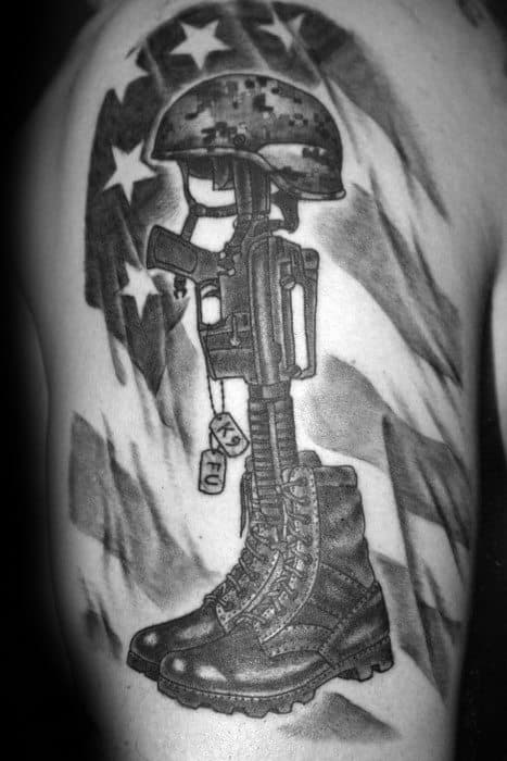 Arm Tattoo With Fallen Soldier Cross For Men With American Flag