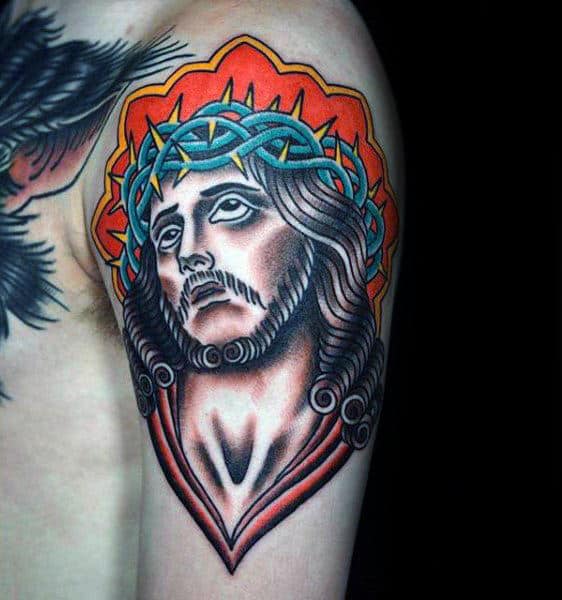 Arm Traditional Jesus Mens Tattoo