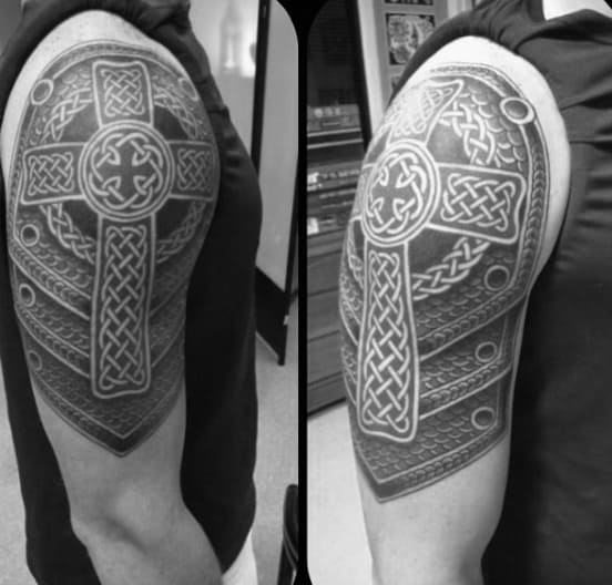 Armor Plate Half Sleeve Shoulder Celtic Crosses Tattoos For Men