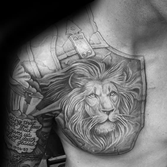 Armor Plate Male Lion Tattoo On Shoulders