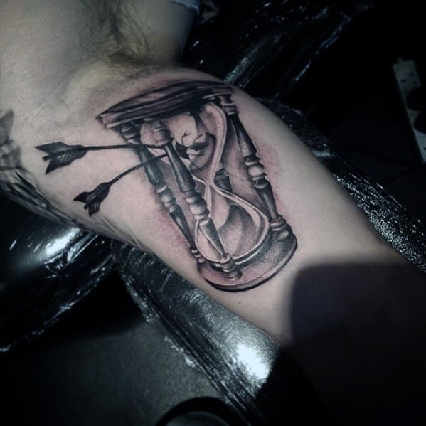 Arrows In Broken Hourglass Mens Inner Arm Bicep Tattoo